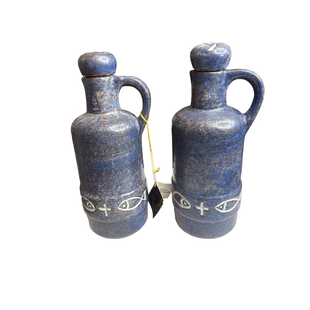 Vintage Steuler Keramik 1960's West German Blue Stoneware‎ Pottery Jug Set MCM